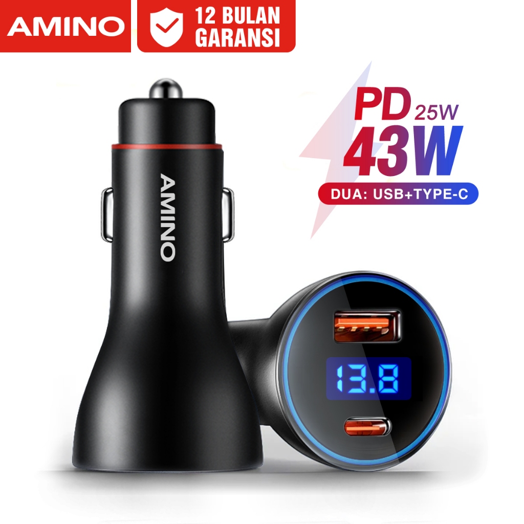 AMINO AM-C01 43W 30W Car Charger Fast Charger 3 Port USB QC 3.0 Type C Output Saver Mobil Lampu