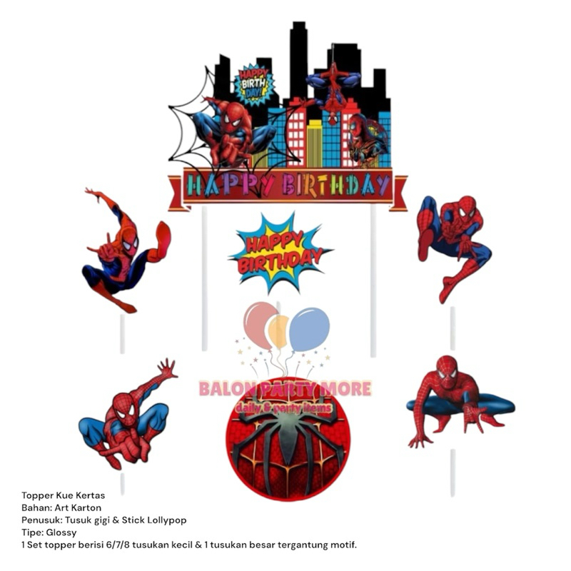 (SET SPIDERMAN) TOPPER BAHAN ART PAPER KERTAS HIASAN BUKET/ CAKE TOPPER KUE ULANG TAHUN / TUSUKAN KU
