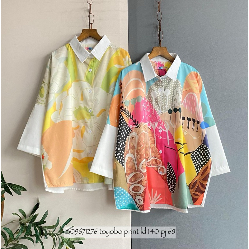 Baju Kemeja Toyobo Print LD 140 Wanita / Fashion Atasan Jumbo Wanita Putih Motif Bunga