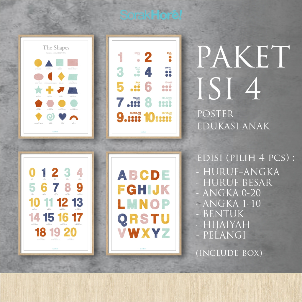 SORAK HORE Poster Anak Paket Isi 4 Edukatif Belajar Abjad Huruf Warna Balita / PAUD / TK Aesthetic