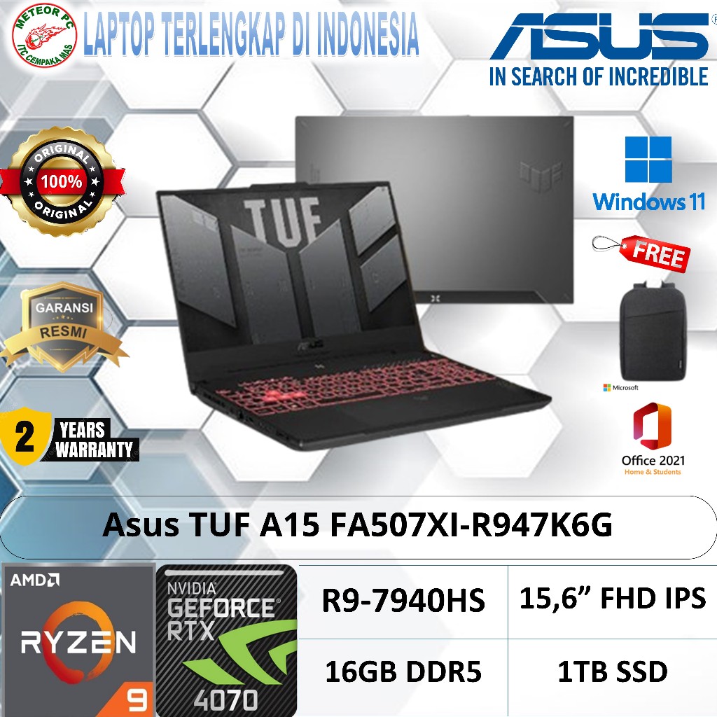 Asus TUF A15 FA507XI-R947K6G-O /Ryzen 9-7940HS/16GB/1TBSSD/RTX4070 8GB/15.6″/Win11+OHS 2021/Gray