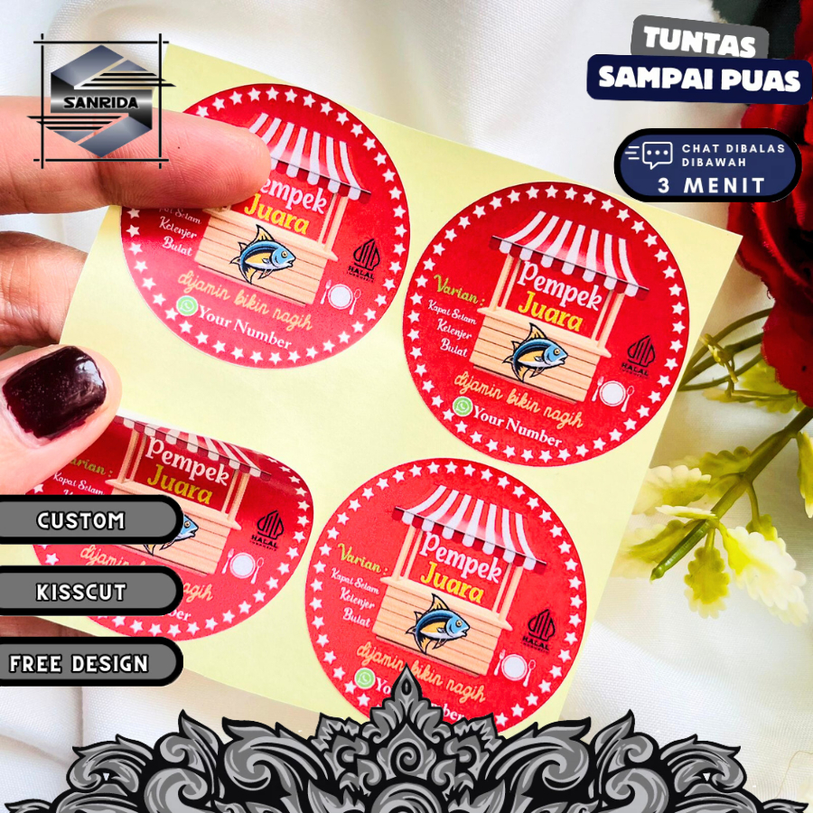 

5-8 Sanrida Sticker Pempek Palembang Stiker Tekwan Makanan Khas Cetak Label Produk Custom Brand Logo