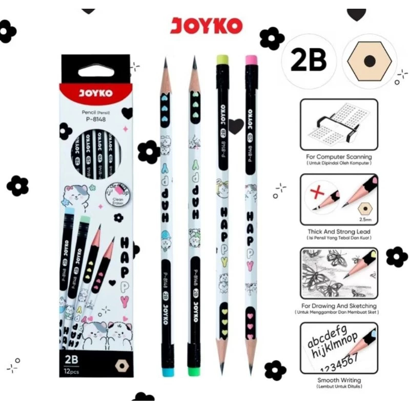 

Pencil Pensil Joyko P-8148 HAPPY 2B 1 (Motif Cat) atau P-121 Rainbow 1 Box 12 Pc