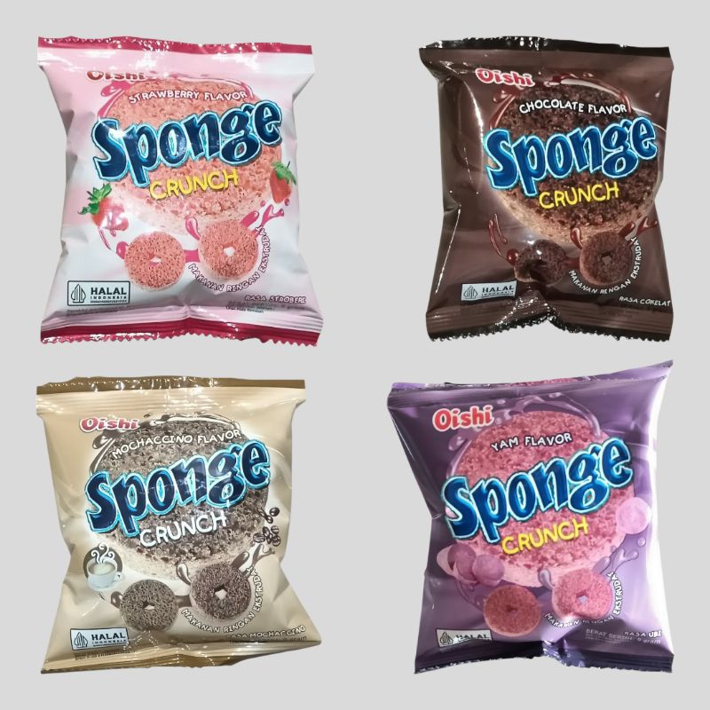 

Oishi Sponge Crunch Strawberry, Coklat, Ubi & Mochacino Snack 9gr [10 pcs]