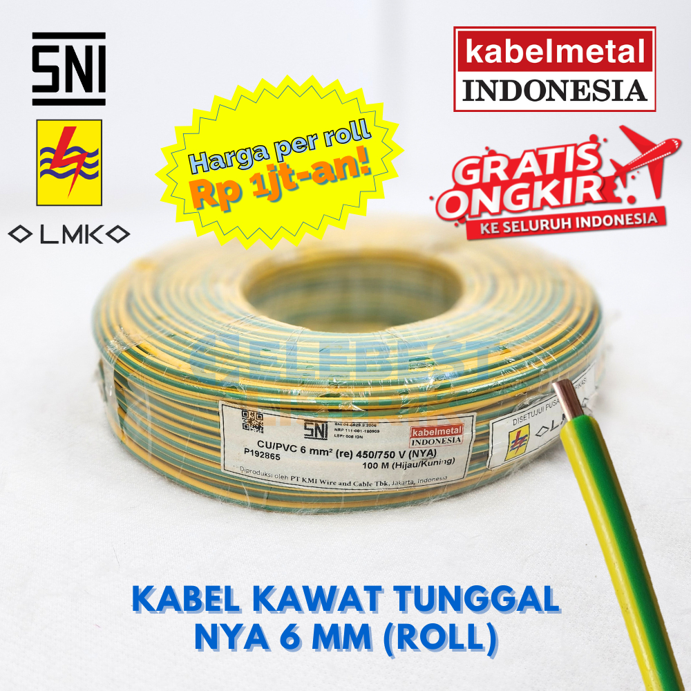 (ROLL 100 Mtr) NYA 6 mm² KABEL METAL INDONESIA - Kabel Kawat Tunggal Kuning Hijau