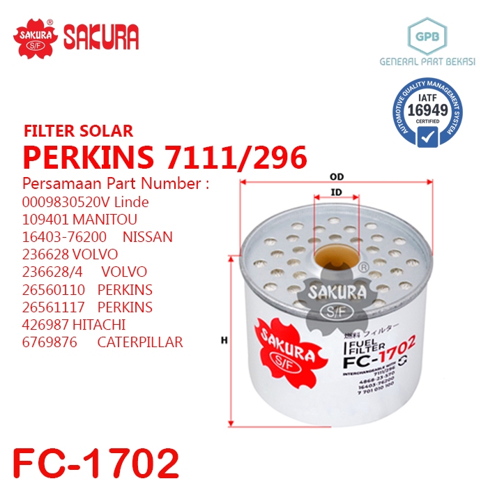 Filter Solar Perkins PERKINS 7111 296 26560110 26561117 Sakura FC-1702 FC1702