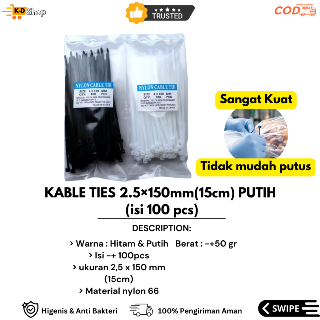 

KABLE TIES 2.5×150mm(15cm) PUTIH (isi 100 pcs)/CABLE TIE