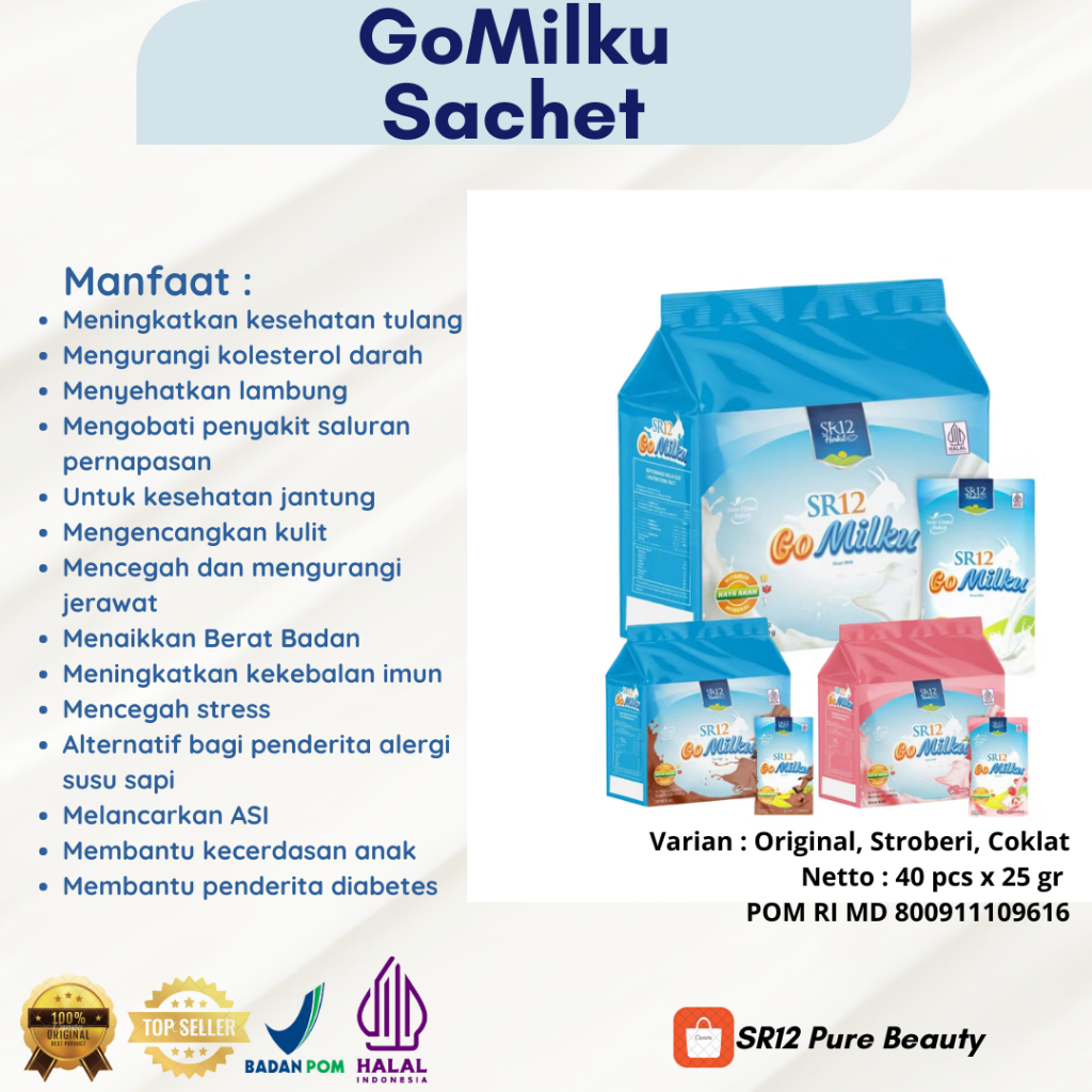 

SUSU KAMBING GOMILKU SR12 RENCENG+POUCH/ GOAT MILK SUSU BUBUK TANPA GULA / SUSU ETAWA KUALITAS PREMIUM BPOM