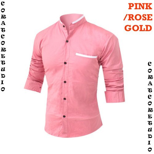 Hem Pria Kemeja Laki 1 Kantong Saku Lengan Panjang Polos Garis Tengah MERAH MUDA PINK CERAH PINK BAB