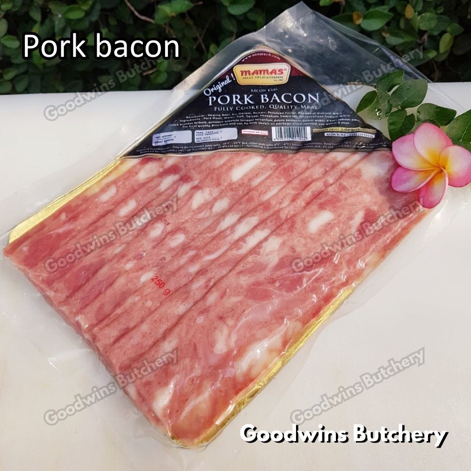 

Pork BACON SLICE 250gr Mama's Soejasch Bali Mamas delicatessen frozen
