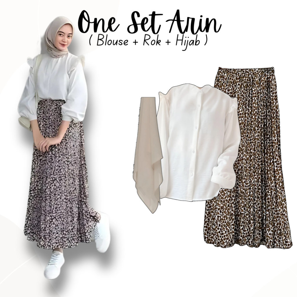 One Set Blouse Crincle Ruffle Putih Rok Plisket Brown Hijab Bella Soft Latte | outfit kampus SK170
