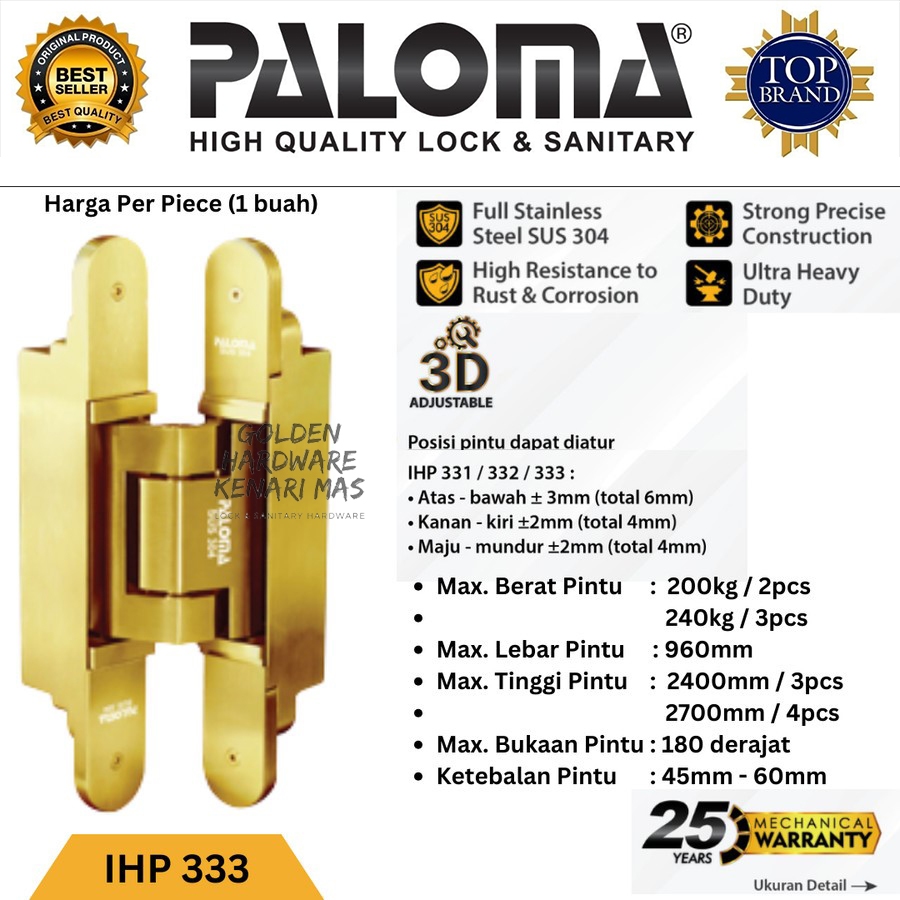 PALOMA IHP 333 Engsel Tanam Pintu Concealed Invisible Hinge Satin Gold
