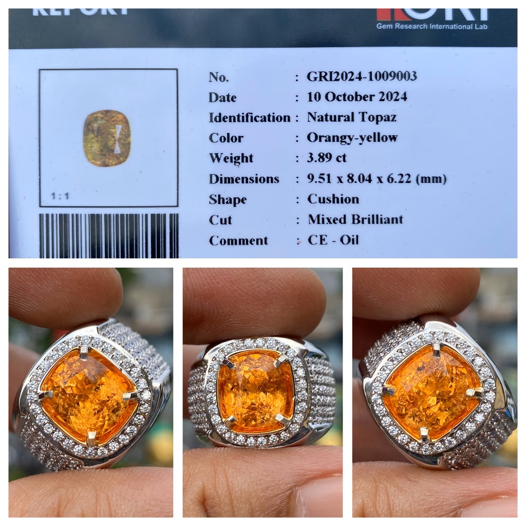 Natural 3.89ct orangy yellow topaz oil memo gri