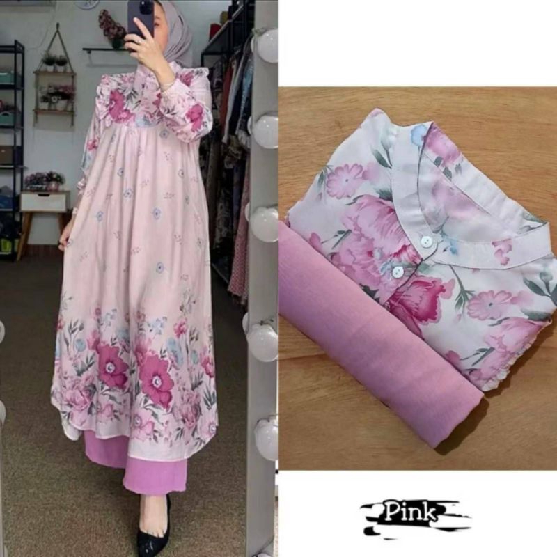 One Set Long Tunik // Setelan Tunik Rayon Premium Mix Crinkle Airflow