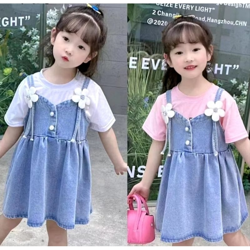 ATIFA Dress Anak Denim Dengan Rok Pendek Setelan Baju Anak Perempuan Bunga Outer Anak Perempuan