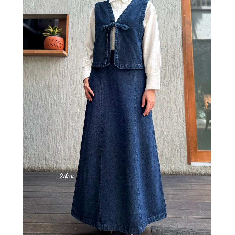 Faya Set Denim VEST + SKIRT One Set Wanita Rompi + Rok Vest Rok Denim Vest Denim Rok Denim Vest