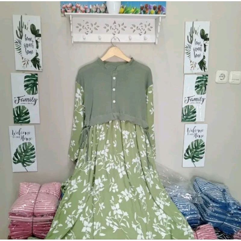 MIDI dress Import Knit Kombinasi Crinkle Premium / Dress Motif Bunga Terbaru Midi/ Dress Masa Kini/ 