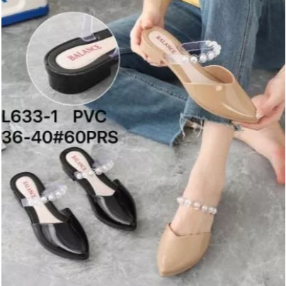 Sandal sepatu wanita ujung lancip Glossy Wanita Tali Hiasan Mutiara 633-1/Bahan Karet jelly.
