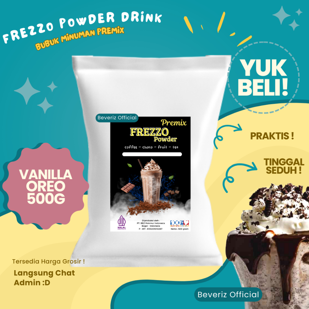 

BEVERIZ Frezzo Bubuk Minuman Rasa Vanilla Owreoo | Vanilla Cookie n Cream Boba Powder Drink 500gram {Bisa COD} {tersedia harga