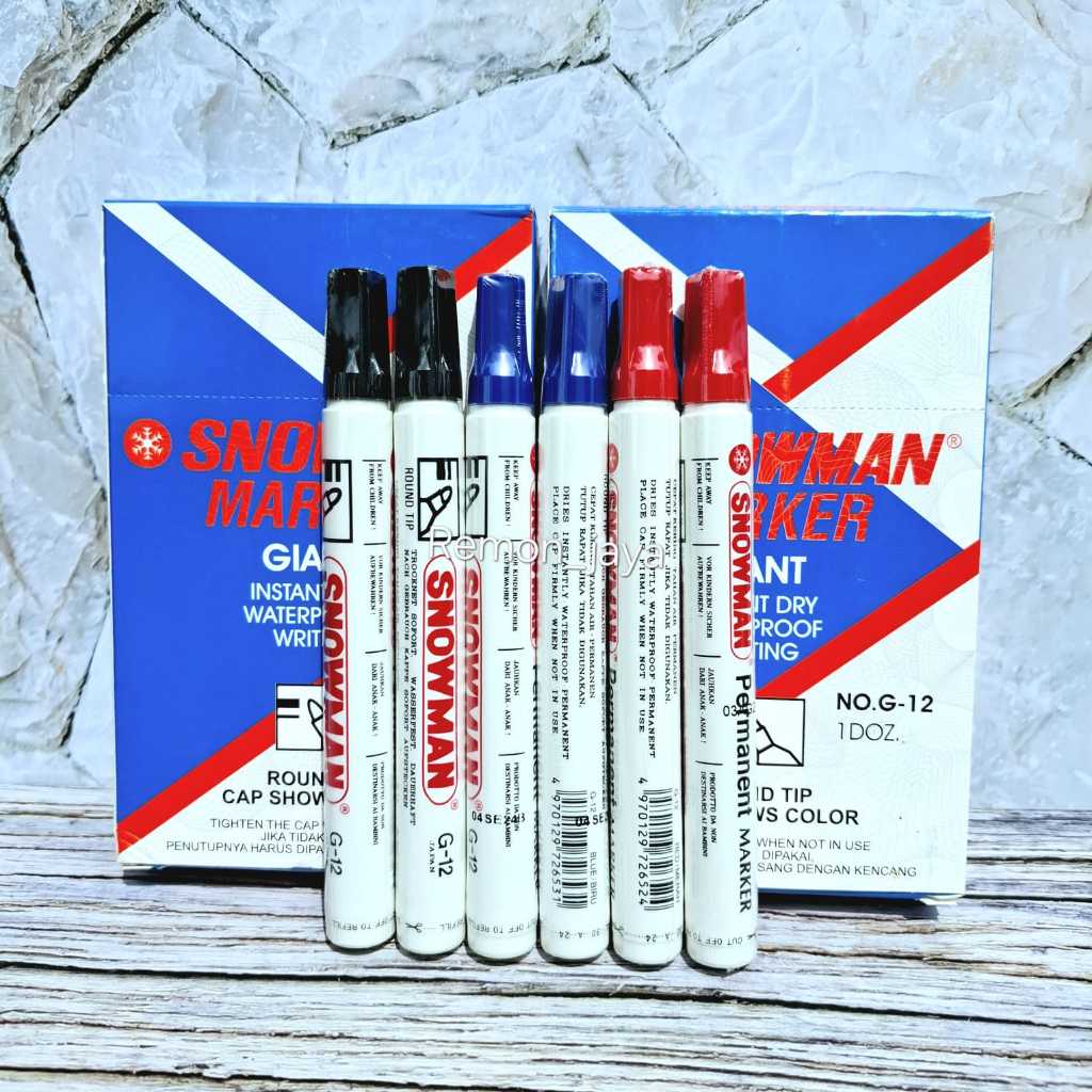 

(ISI 6 /3 PCS)Spidol Snowman Permanen G12 Original Hitam Biru Merah