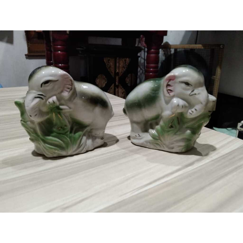 Patung Gajah Kecil Keramik Sepasang Kuno Jadul Antik