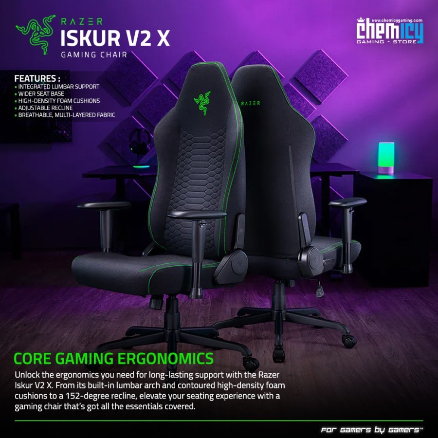 Razer Iskur V2 X - Kursi Gaming Ergonomis dengan Dukungan Lumbal Bawaan dan Armrest 2D