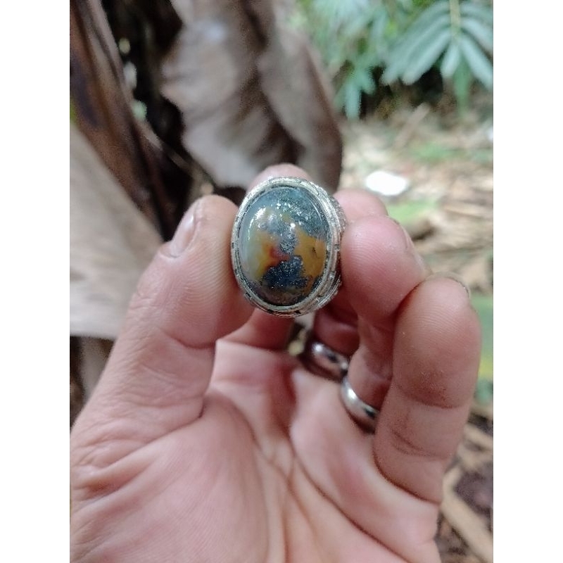 Cincin batu akik lumut badar perak isian