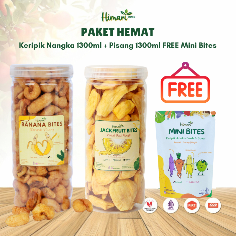 

Paket Hemat Keripik Buah Nangka Apel Salak Kemasan Jar 1300ml Free Mini Bites