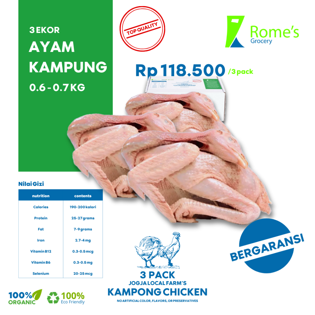 

Ayam Kampung Utuh | 0.6 - 0.7 kg | 3 Pack/3 Ekor | Fresh&Organik | Bergaransi | Rome's Grocery