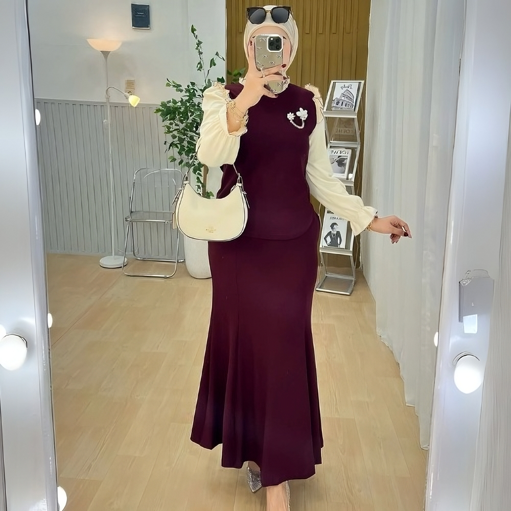 MIB Oly Set - Setelan Skirt Rib Knit Panjang Wanita - Oneset Knit Premium Baju dan Rok Ala Bangkok S