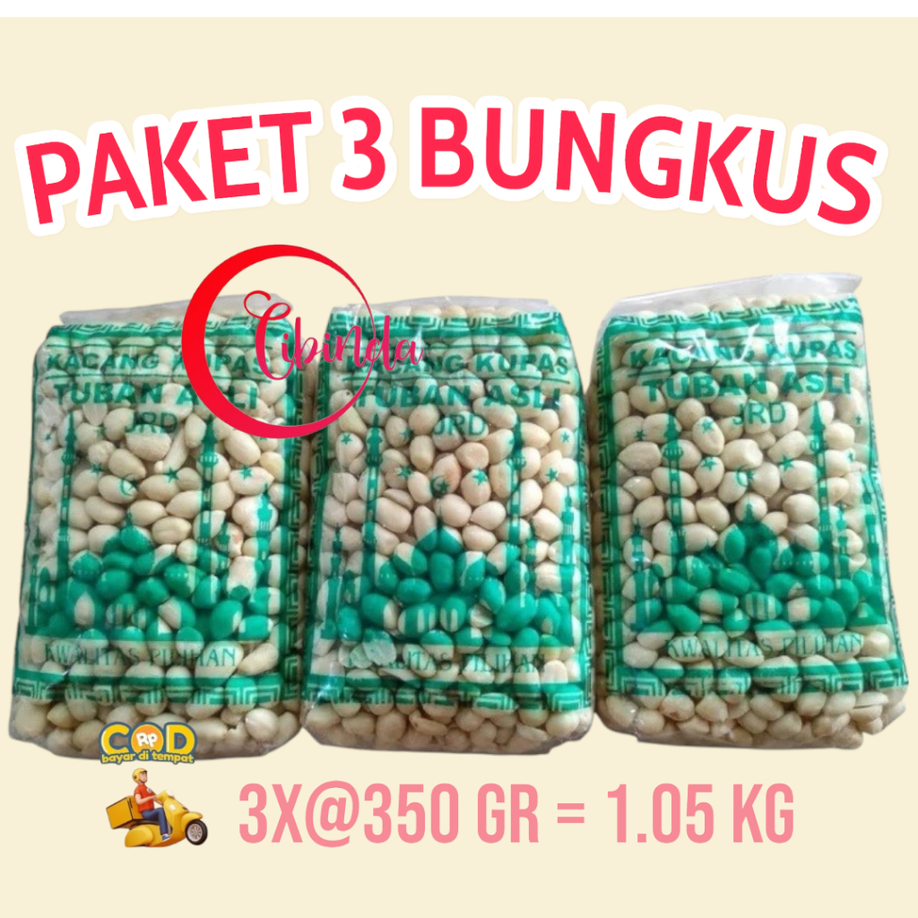 

PAKET 3 BUNGKUS KACANG TUBAN ASLI KURLEB 350 GRAM X 3 TOTAL 1 KG+