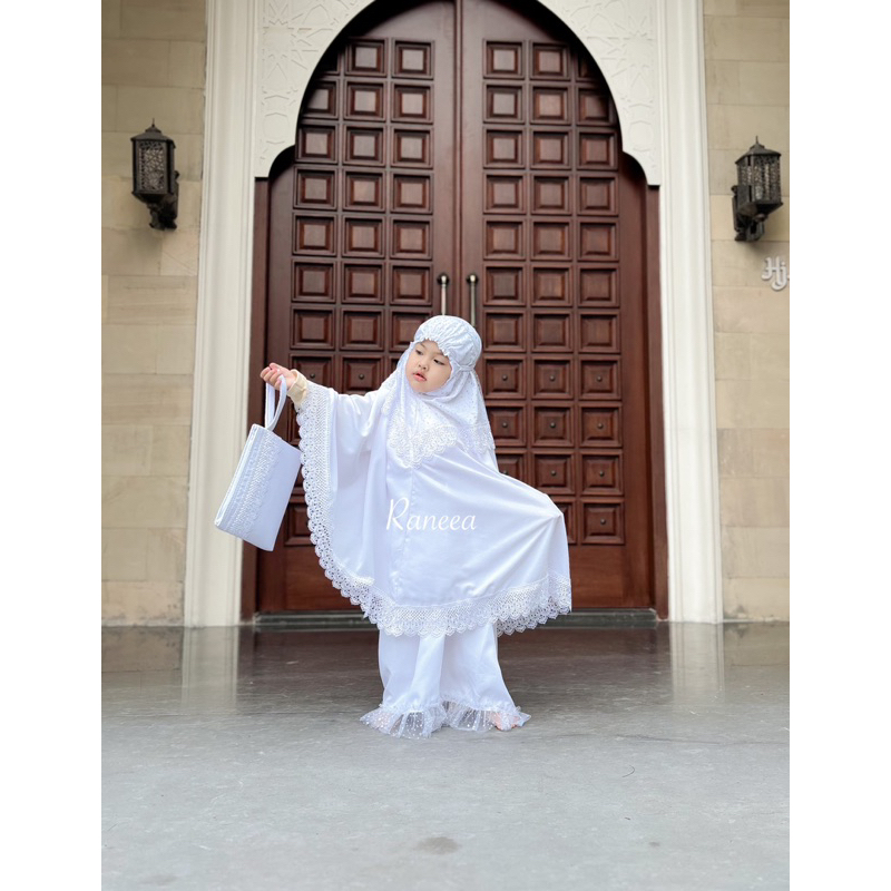 Raneea - Mukena Aluna Couple White Pink Mocca 2 3 4 5 6 7 8 9 10 11 12 tahun alat sholat perempuan m