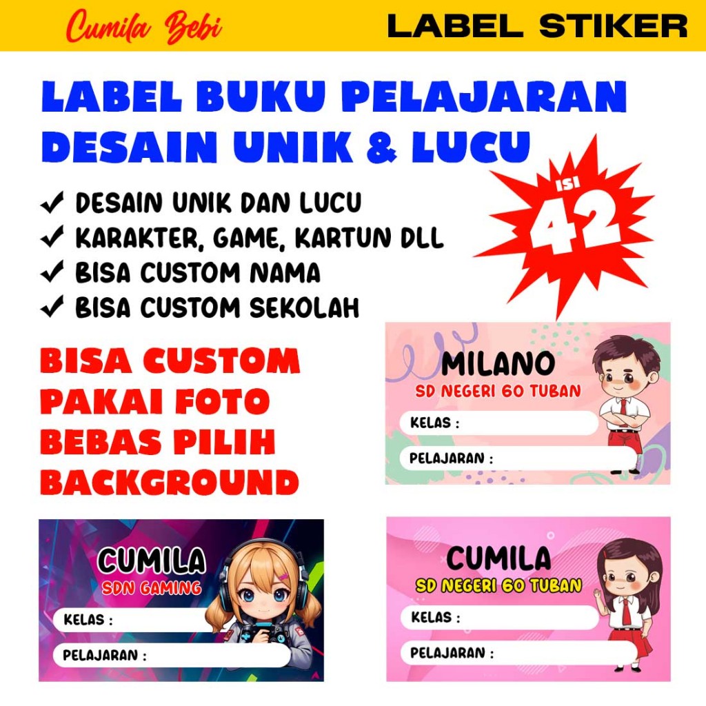 LABEL PELAJARAN CUSTOM NAMA DAN SEKOLAH STIKER  UNTUK BUKU TULIS - DESAIN POKEMON,STUMBLEGUYS,MOBILE