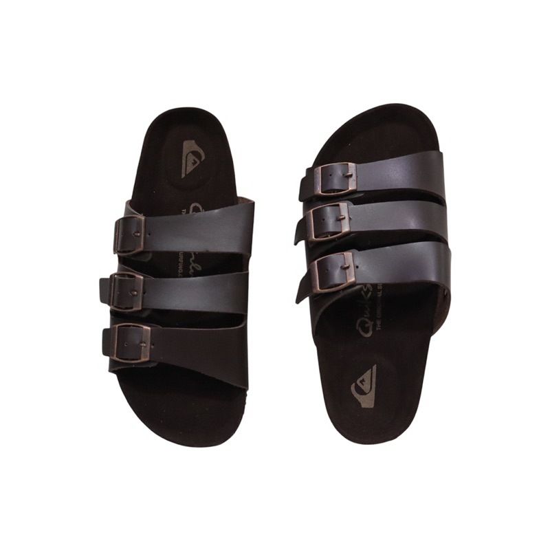 Sandal Slop Tali3 Kulit Qu1kSilver Coklat Tua Premium - Sandal Slide Pria Wanita