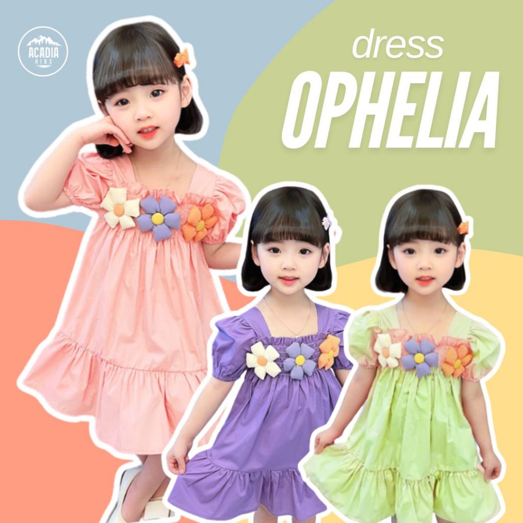 Acadiakids - Dress Anak Perempuan Gaun Lengan Pendek Balon Aksen Bunga Motif Polos OPHELIA Premium T