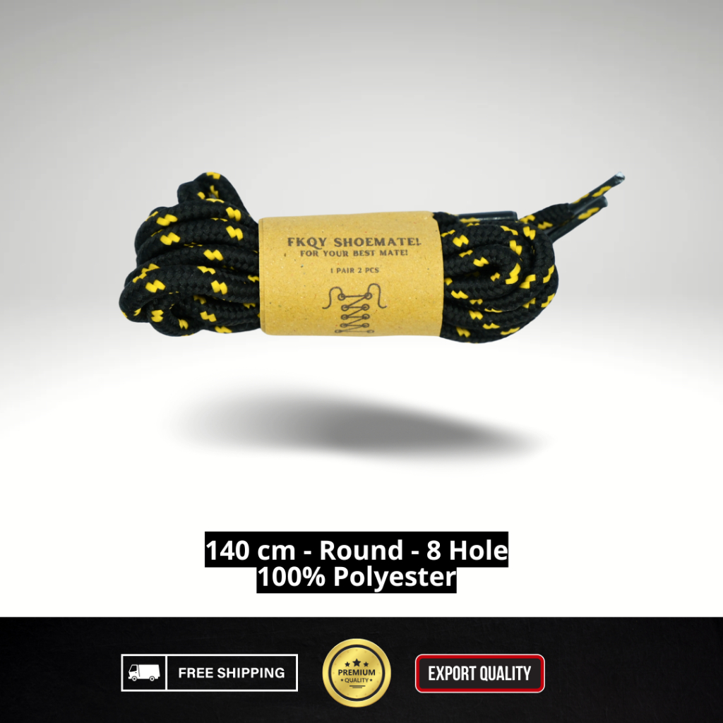 ForShoemate Tali Sepatu | Hitam 2 Dot Kuning | Tali Sepatu Bulat 140 cm Tali Sepatu 8 Hole 8 Lubang 