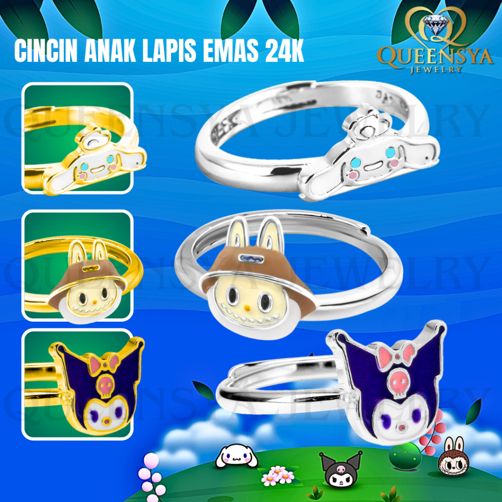 Labubu / Cincin Anak Perempuan Lapis Emas Putih Kuning 24K Asli Silver 925 / Cinnamoroll - Queensya 