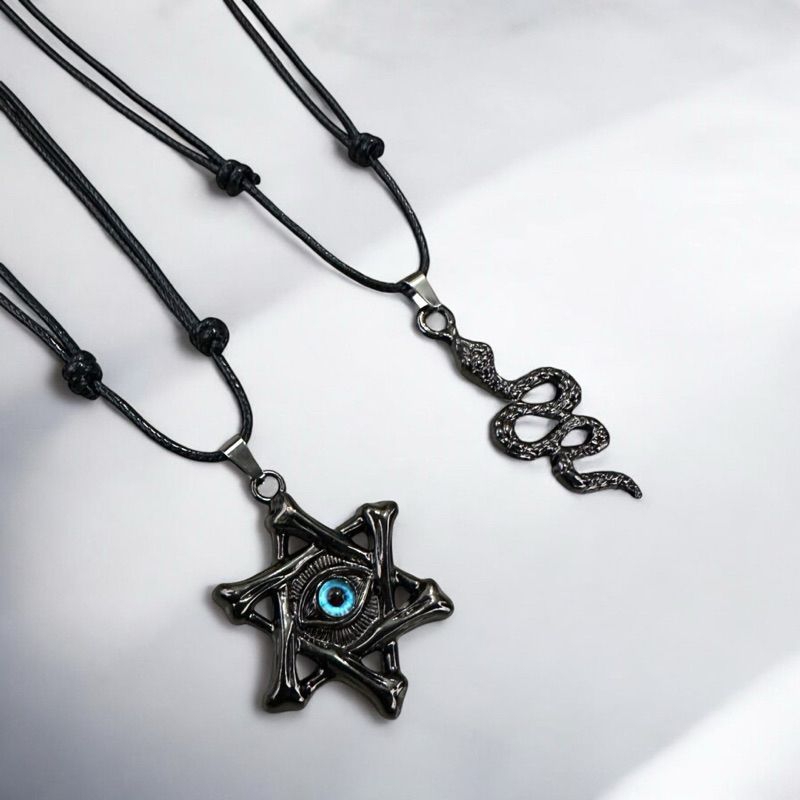 Kalung Tali Hitam Pria Wanita Bandul Bintang Stainless Steel Unisex