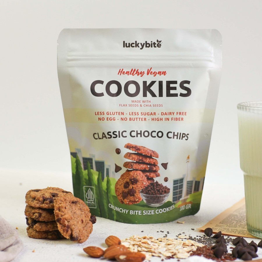 

Vegan Cookies (100gr) - Less Gluten & Healthy - LUCKYBITE Healthy Snack Cookies - Choco Chips