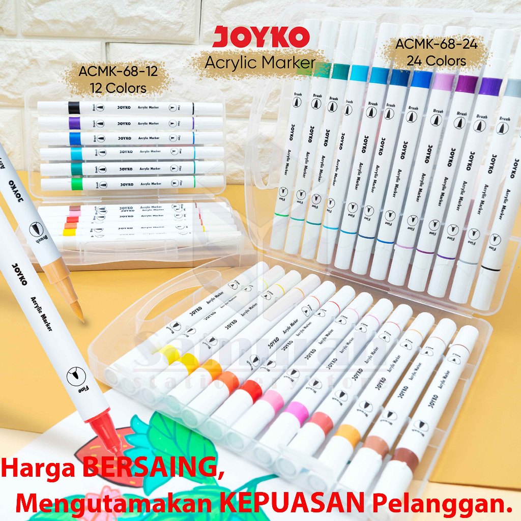 

mdn Spidol Akrylik Marker Joyko ACMK 68 12 Warna / Acrylic Marker 12 Colours Dual Tip Fine - Brush /