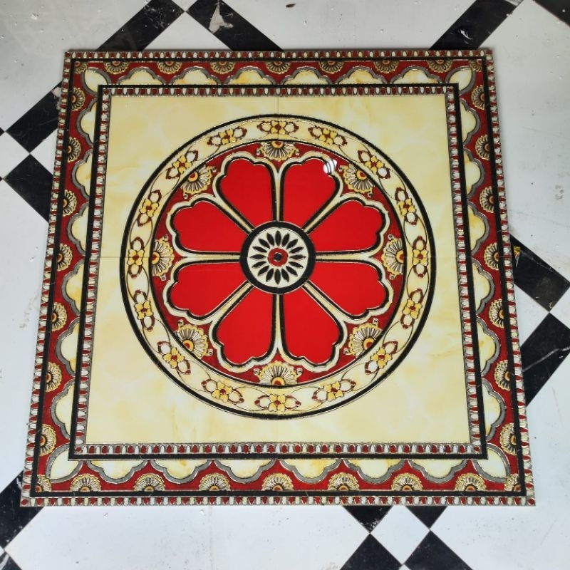 Granit pola dekoratif tile ukuran 120x120 motif bunga bulat merah cream