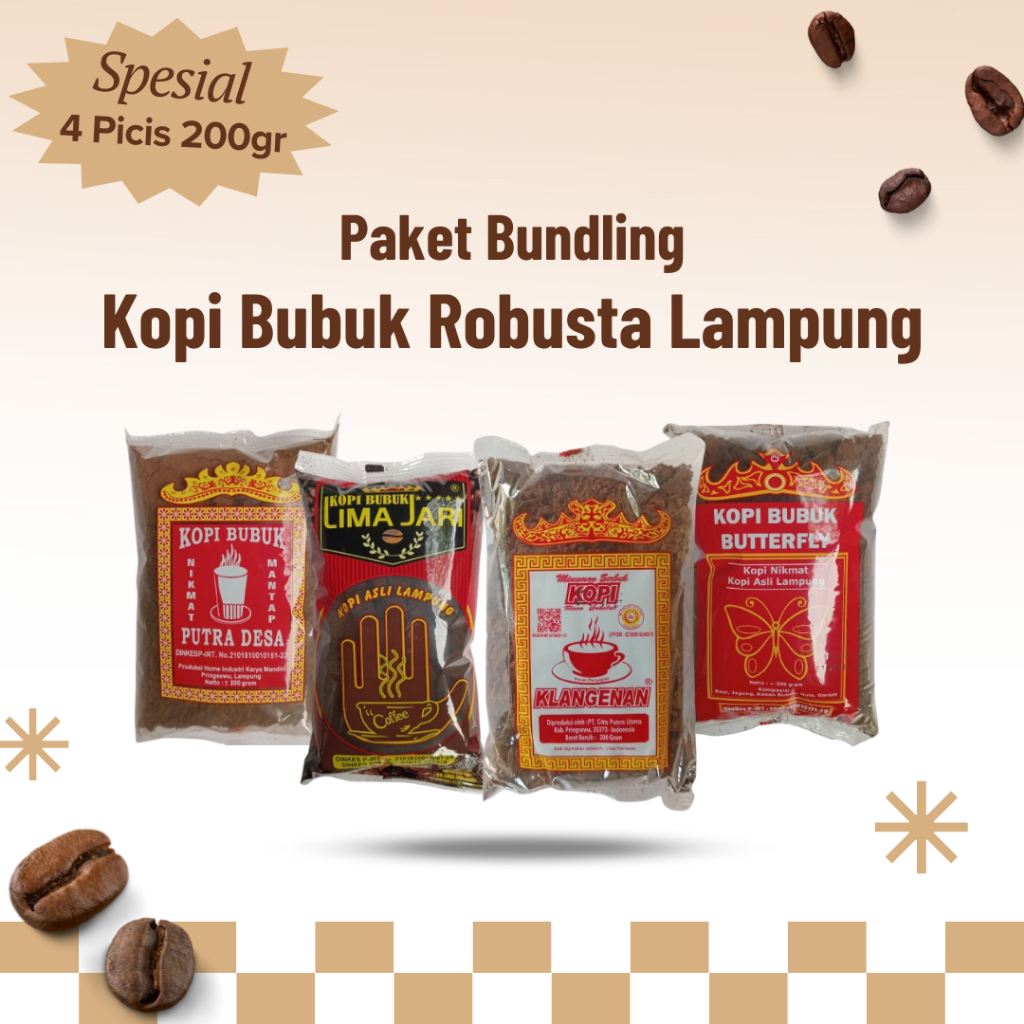 

Paket Bundling Kopi Bubuk Robusta Lampung Mix 4 Pcs Klangenan, Putra Desa, Lima Jari, Butterfly Kemasan 200gr