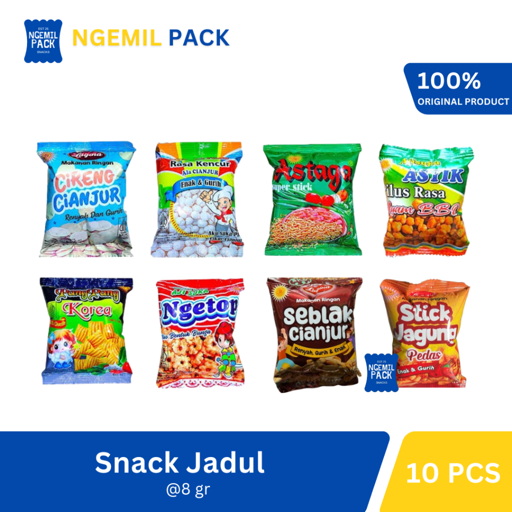 

Snack Jadul Cireng Cianjur/Ngetop/Astaga/PangPang Korea/Pang Korea Pedas/Asyik/Cikur/Sukiyaki/Ajisan/Stick Jagung/Seblak Cianjur/Arab Isi 10pcs @8Gr