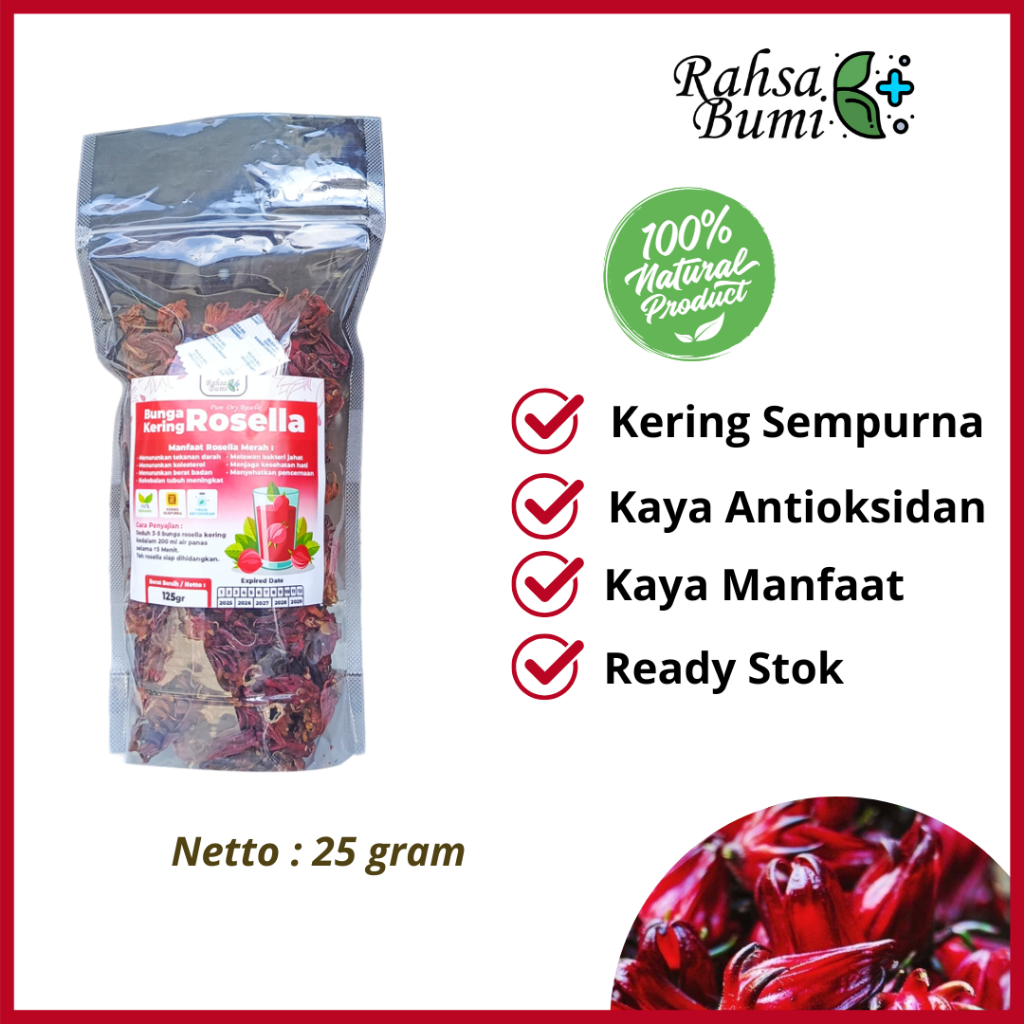 

Teh Seduh Bunga Rosella Merah Kering Premium 25gr - untuk Kecantikan, Diet, Detoks, Kolesterol - Teh Herbal Jaga Pencernaan dan Jantung by Rahsa Bumi