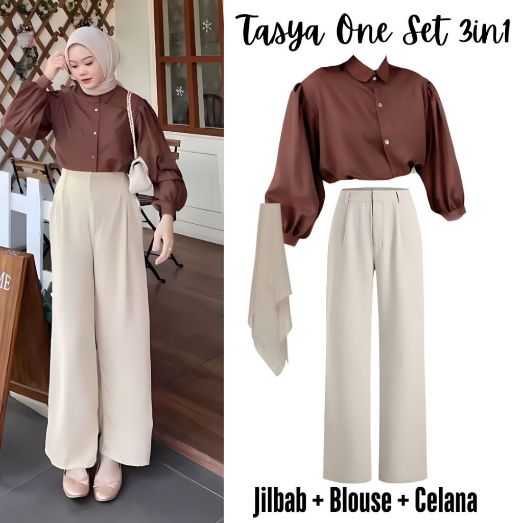 Oneset 3in1 blouse kemeja warna coklat celana kulot bella square | ootd outfit hangout main kuliah k