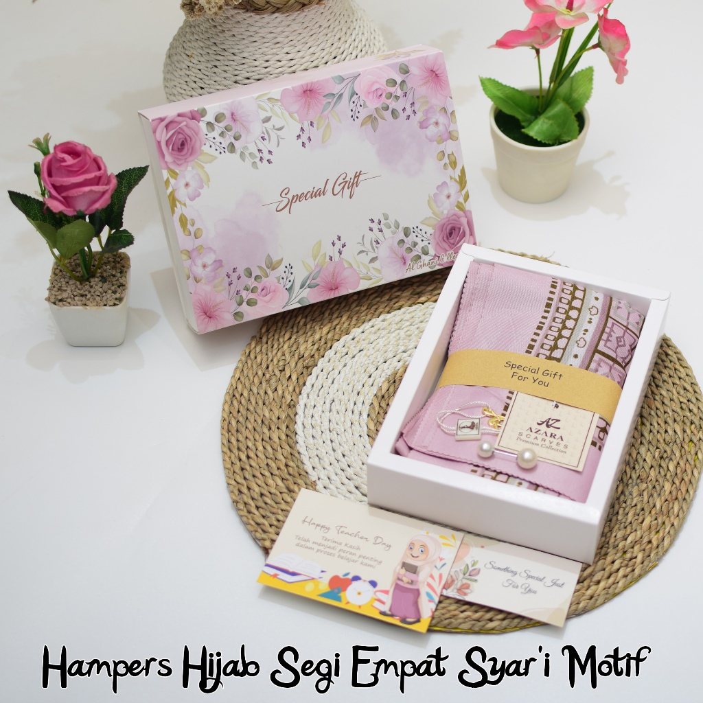 HAMPERS HIJAB KADO GURU SEGI EMPAT SYAR'I MOTIF AZARA METAL LOGO