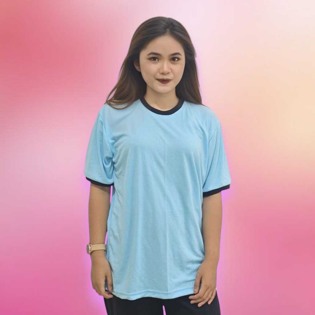 Kaos Oblong Warna Biru Turkis Muda Variasi Rib Hitam