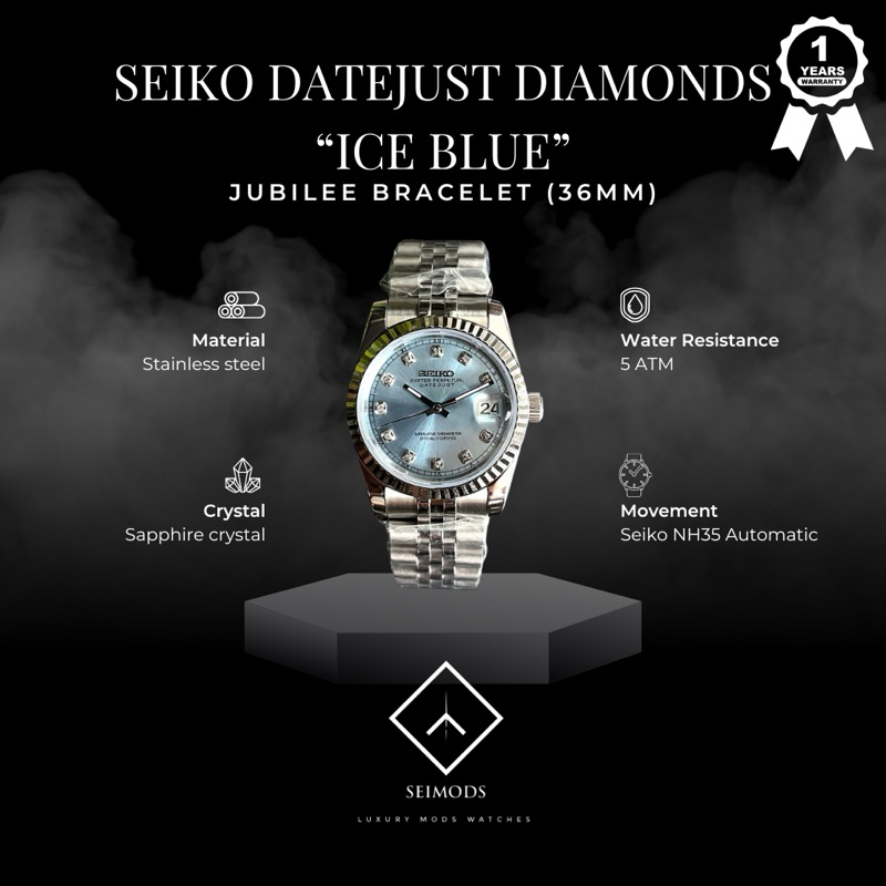 Jam Tangan Seiko Mod Datejust 36mm Ice Blue Diamond NH35 Automatic Watch Seikolex President