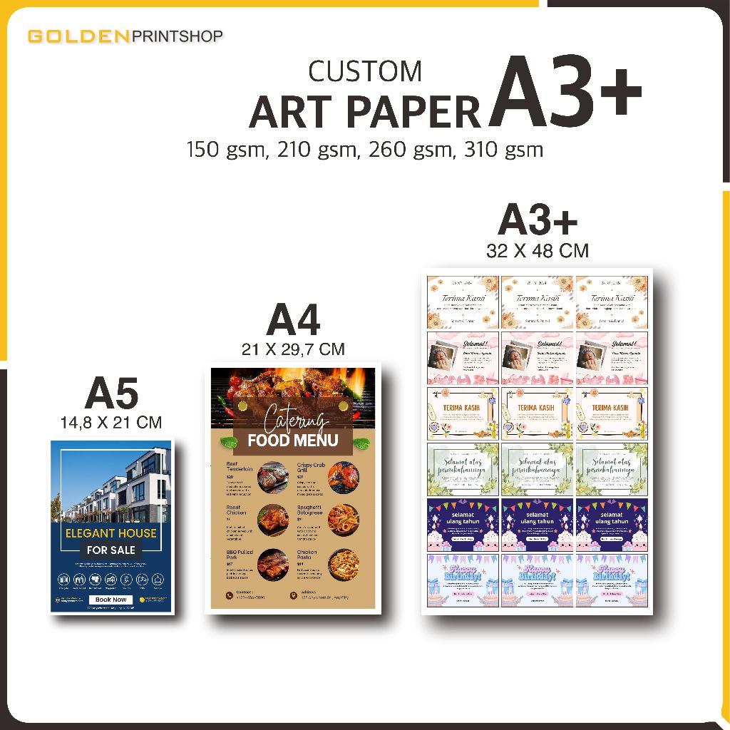 

Custom Art Paper A3+ 1 hari beres, Poster, Voucher, Kartu Ucapan, Daftar Menu, Flayer, Label Hangtag, Murah berkualitas