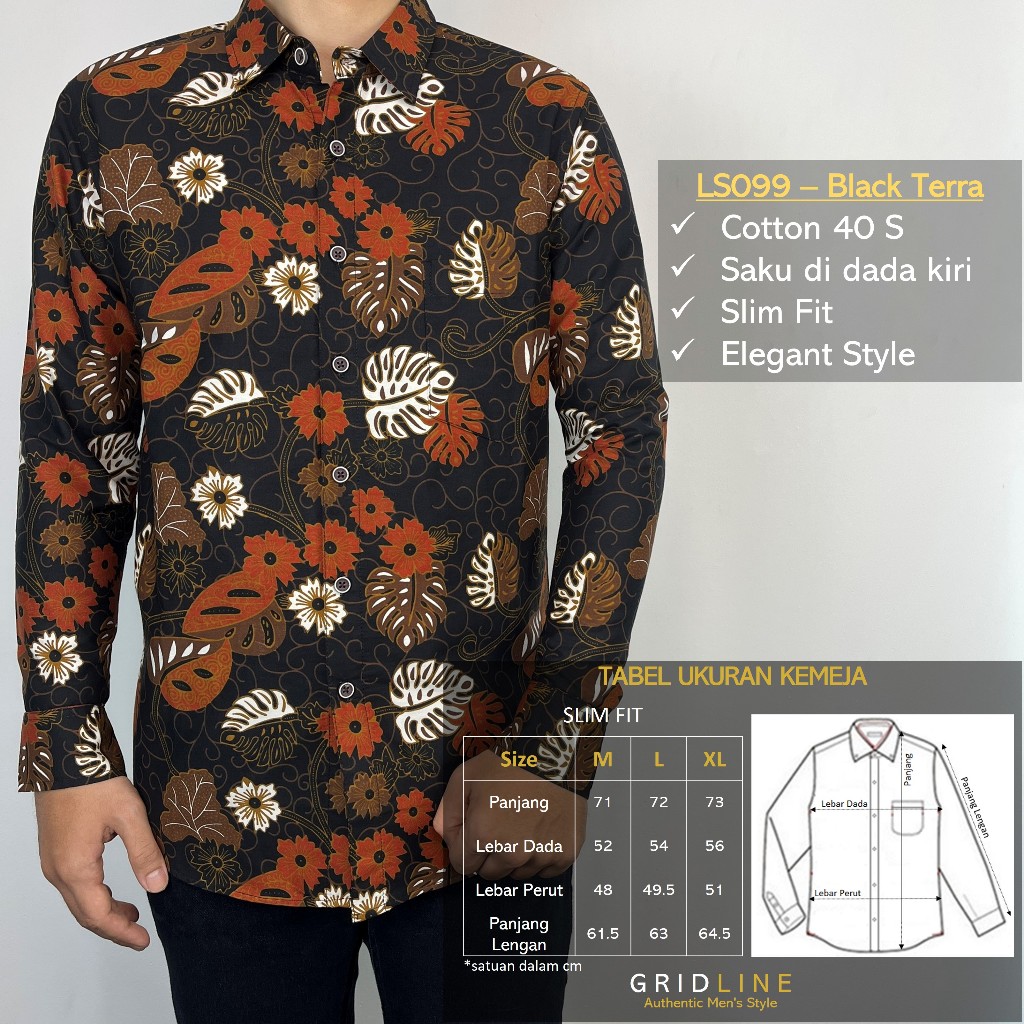 [GRIDLINE - LS099 Black Terra] Kemeja Batik Slimfit Pria Lengan Panjang FULL KATUN Premium Baru